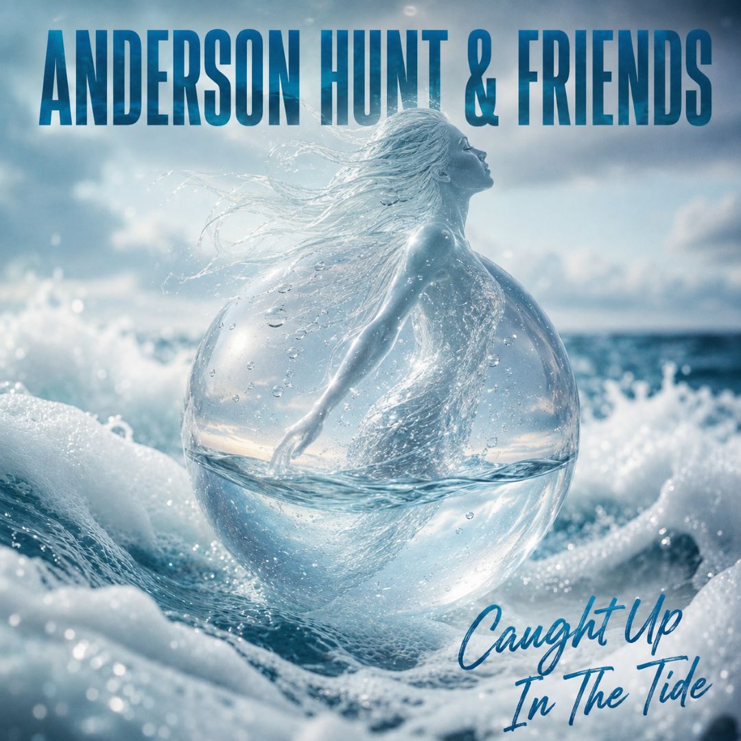 Album artwork for Caught Up In The Tide single by Anderson Hunt & Friends, featuring a glass bottle floating in ocean waves.