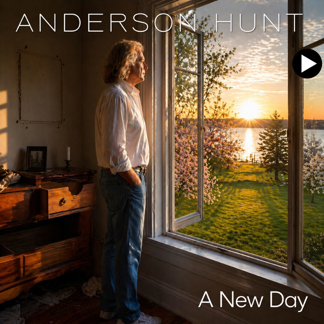 Single cover art for 'A New Day' by Anderson Hunt, showing a man inside a room looking out a large window at a bright sunset over water