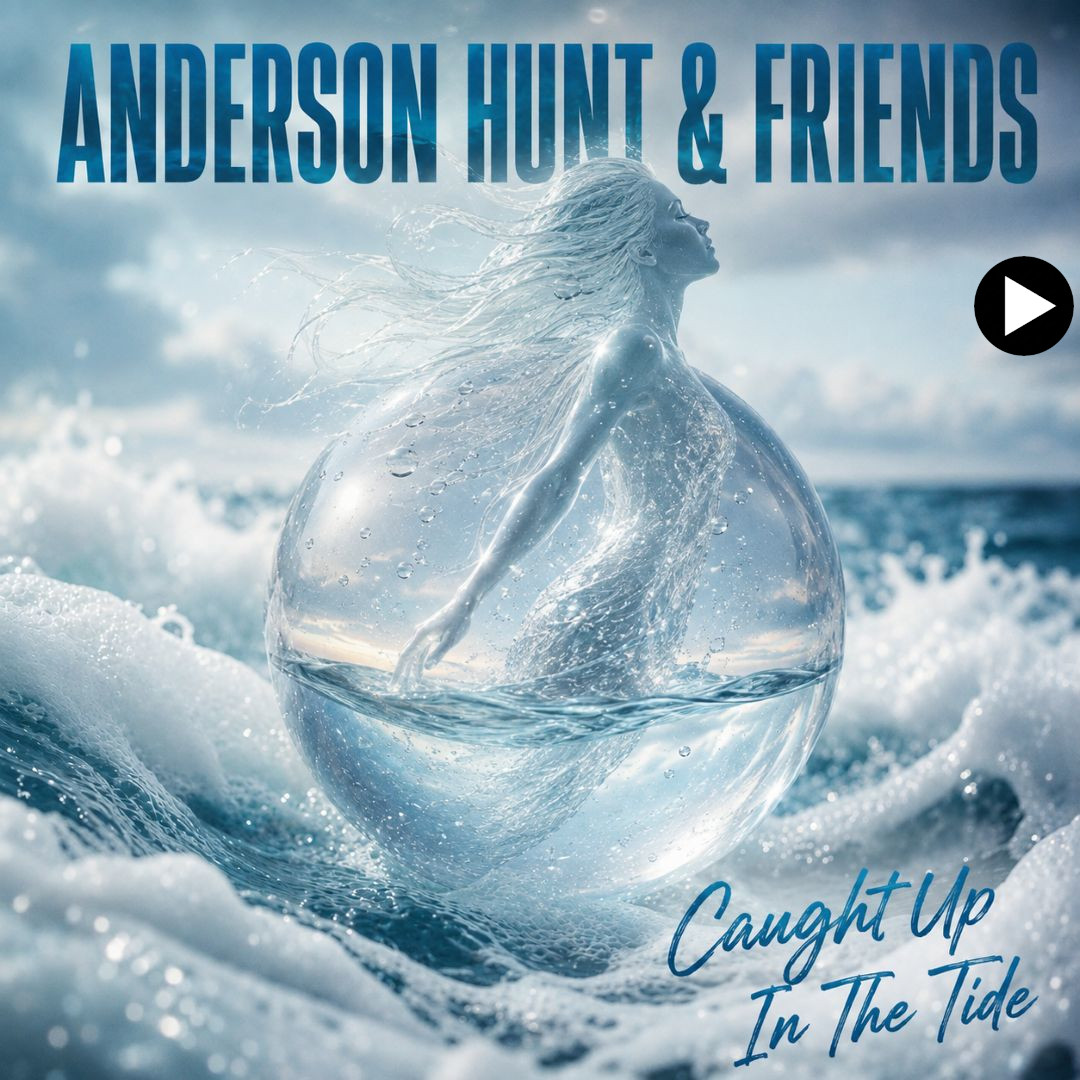 Album artwork for Caught Up In The Tide single by Anderson Hunt & Friends, featuring a glass bottle floating in ocean waves.